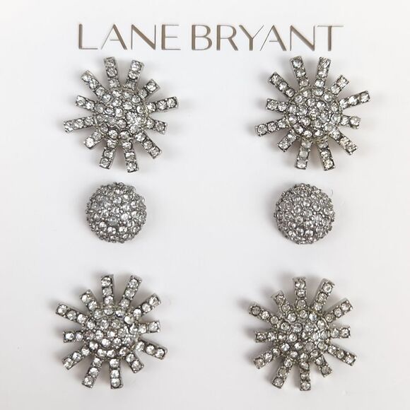 Lane Bryant Silver Tone Cubic Zirconia Star Burst and Crystal Ball Stud Earrings - Picture 3 of 5